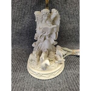 Vintage Angel Lamp 6 Panel White Shade With Finial Resin Angel